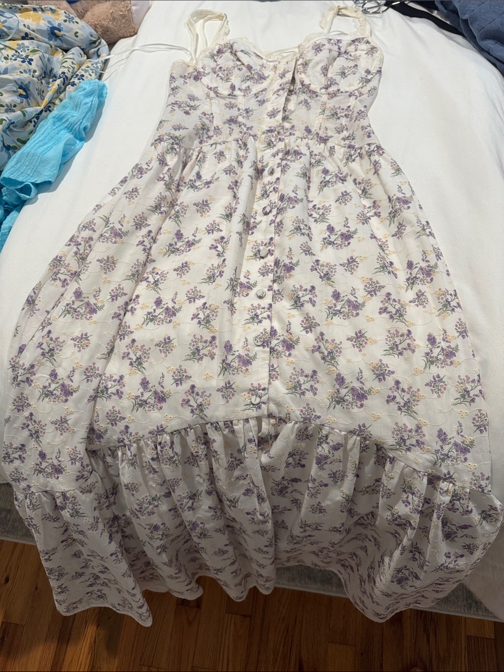 Mint Cream Midi Dress with Purple Floral Print